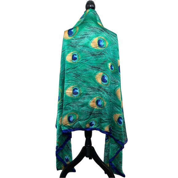 Satin Peacock Feather Print Bohemian Artsy Colorful Wrap Shawl - Picture 5 of 9